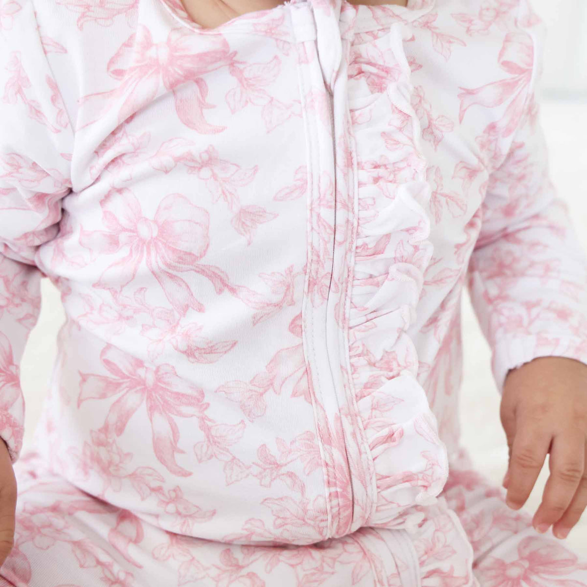 Bamboo-Spandex Pink Toile Ruffle Zipper Footie with Grips