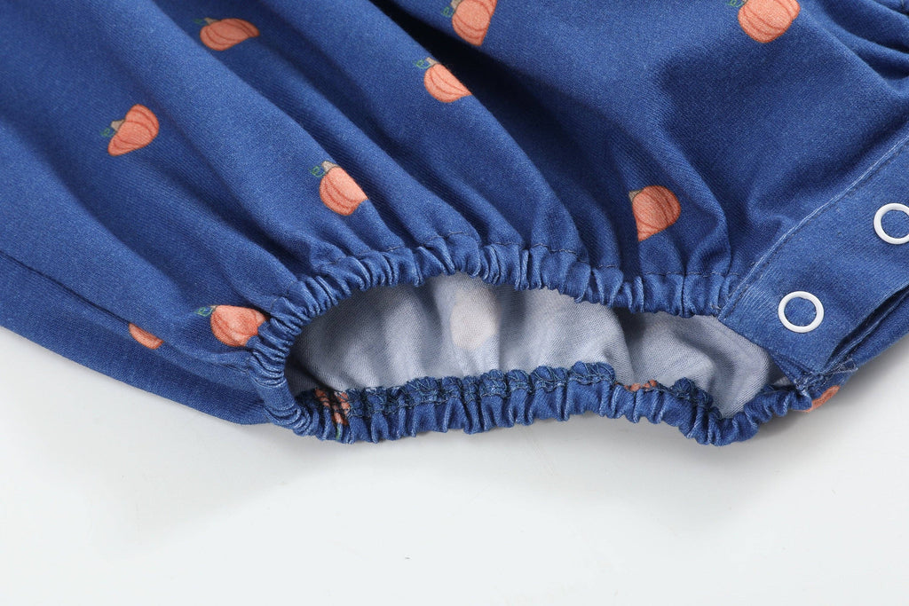 Cotton Knit Blue Pumpkin Smocked Baby Girl Romper