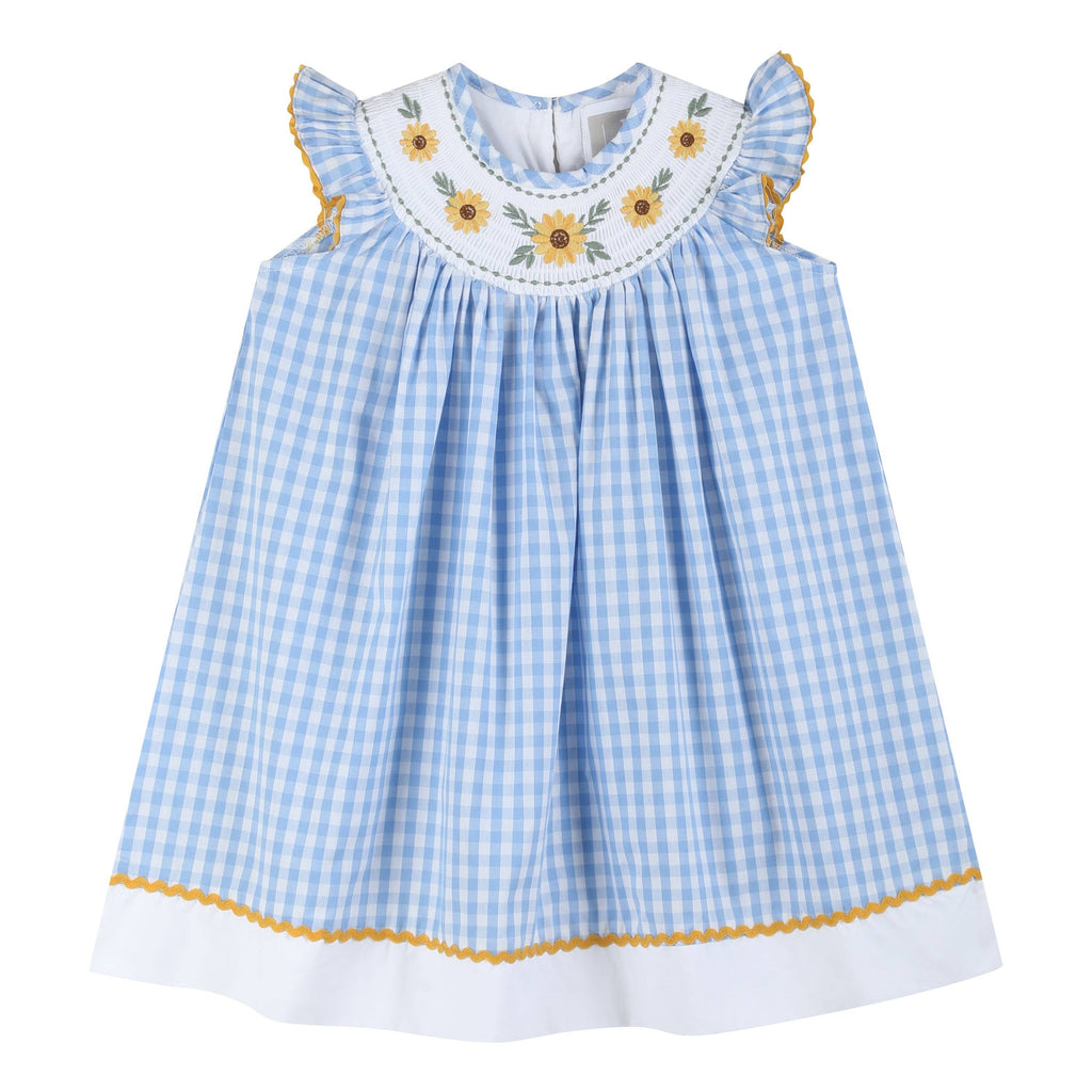 100% Cotton Blue Gingham Sunflower Smocked Bishop Dress