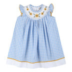 100% Cotton Blue Gingham Sunflower Smocked Bishop Dress
