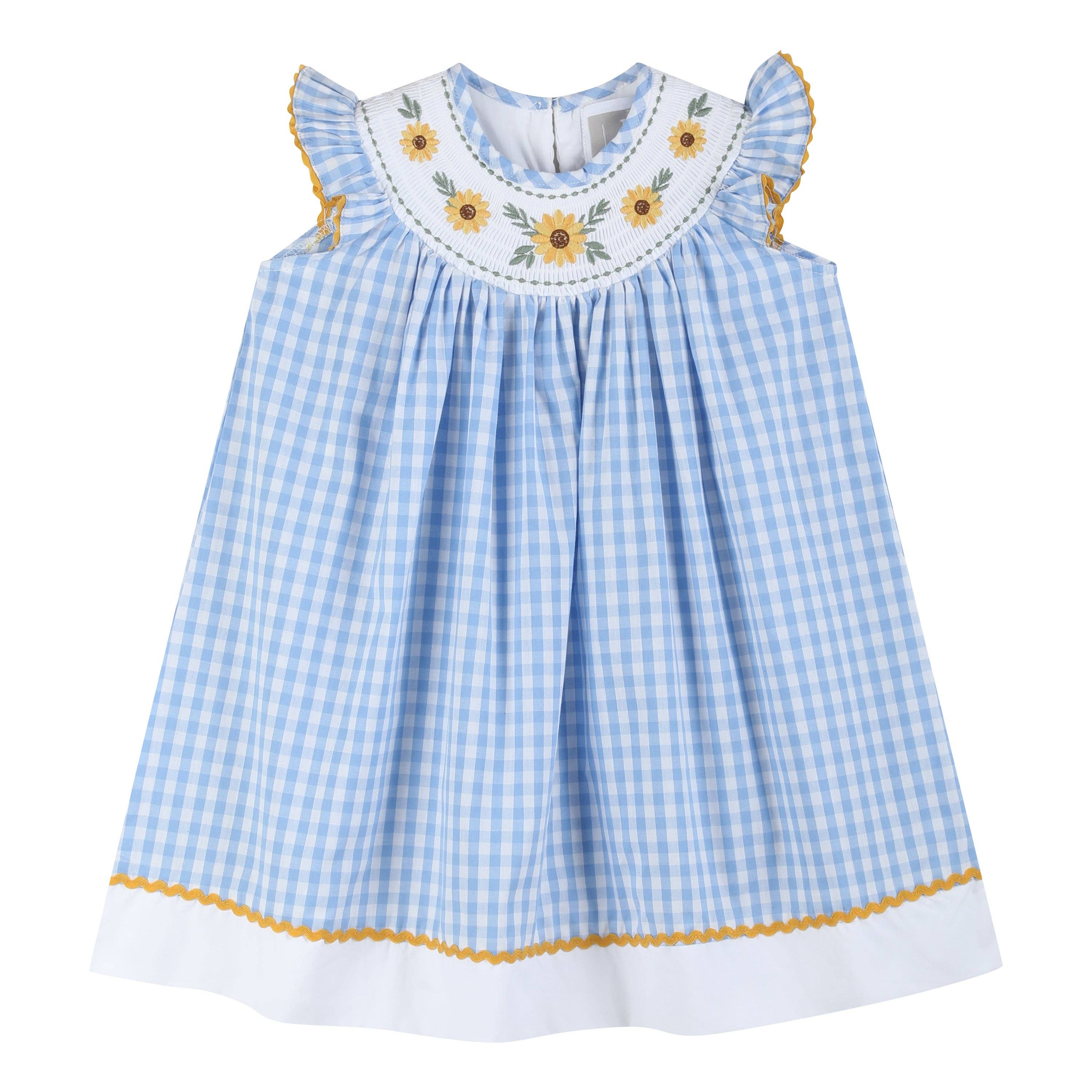 100% Cotton Blue Gingham Sunflower Smocked Bishop Dress