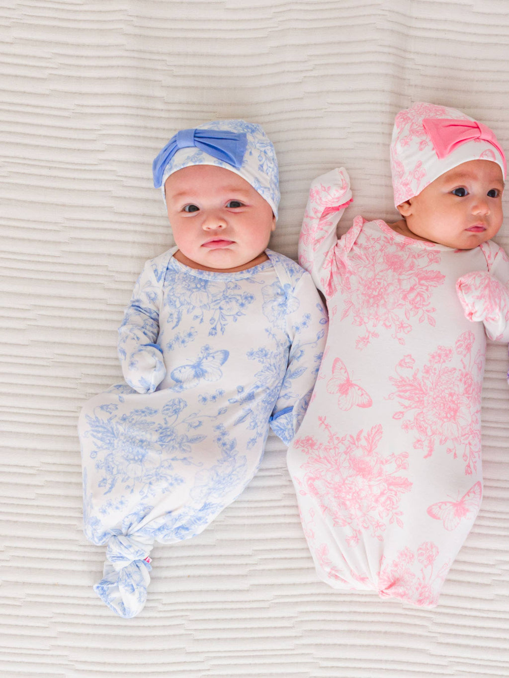 Bamboo-Spandex Periwinkle Butterfly Toile Ruffle Knotted Sleep Gown & Bow Hat Set Baby Girls