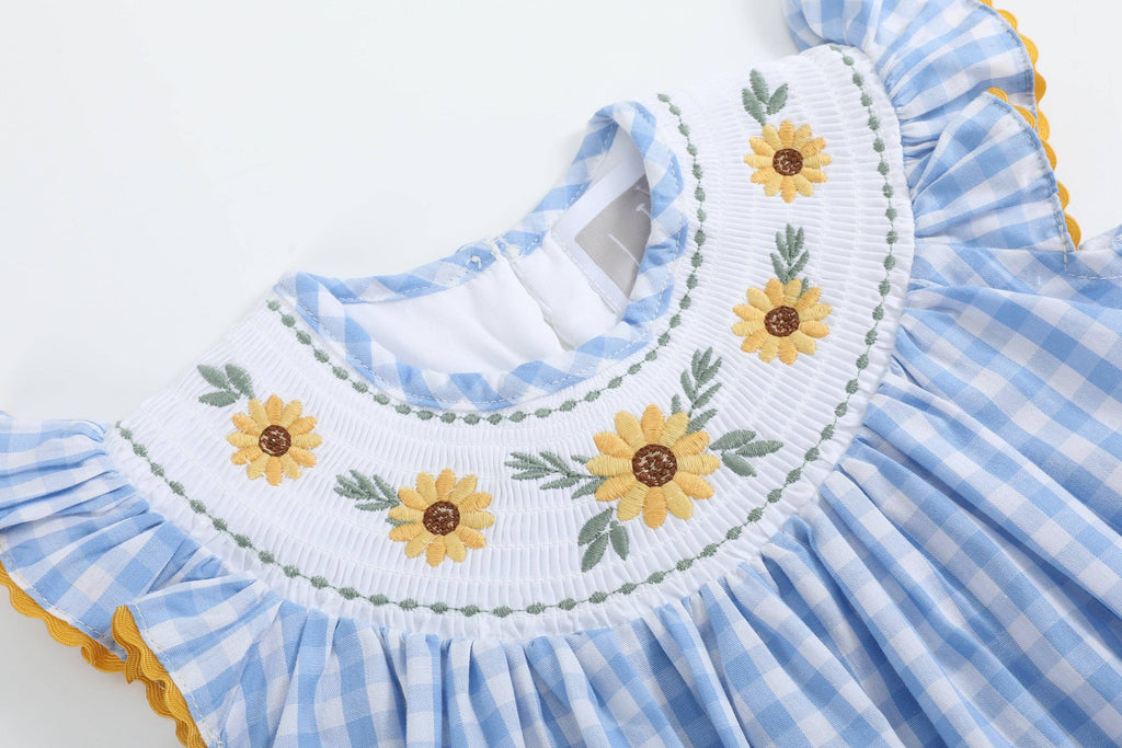 100% Cotton Blue Gingham Sunflower Smocked Bishop Dress