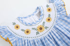 100% Cotton Blue Gingham Sunflower Smocked Bishop Dress
