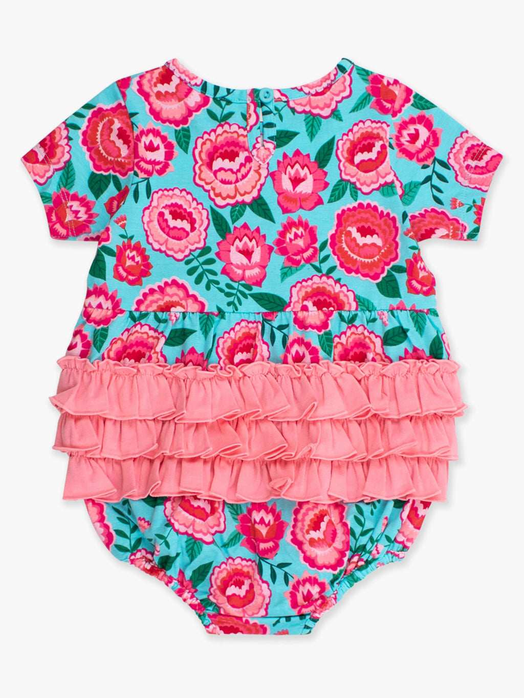 Cotton-Spandex Knit Floral Bubble Romper with Rear Ruffles