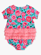 Cotton-Spandex Knit Floral Bubble Romper with Rear Ruffles