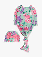 Bamboo-Spandex Sage Garden Floral Ruffle Knotted Sleep Gown & Bow Hat Set Baby Girls