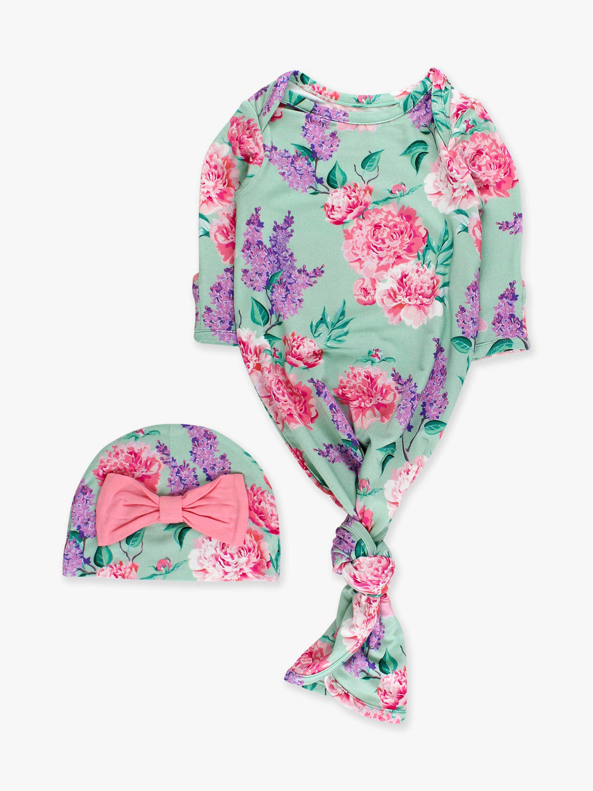 Bamboo-Spandex Sage Garden Floral Ruffle Knotted Sleep Gown & Bow Hat Set Baby Girls