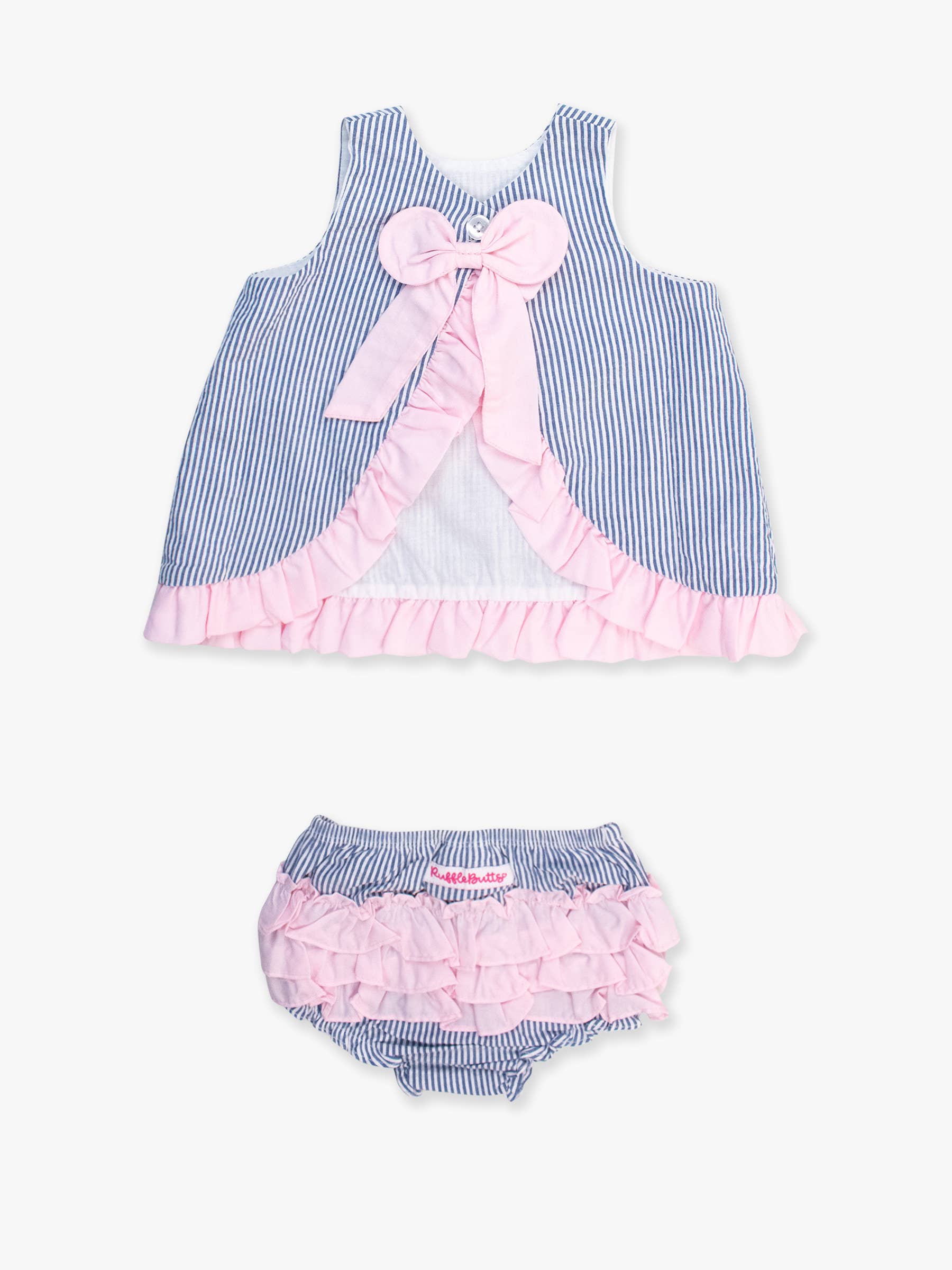 100% Cotton Blue Seersucker Ruffle Swing Top & Bloomer Set