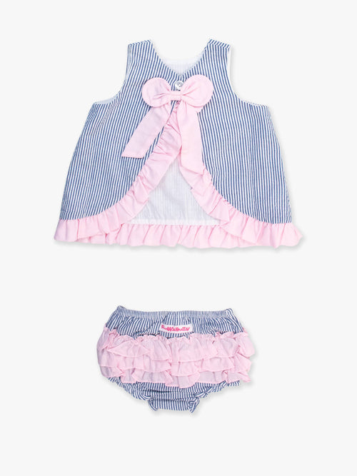 100% Cotton Blue Seersucker Ruffle Swing Top & Bloomer Set