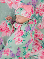 Bamboo-Spandex Sage Garden Floral Ruffle Knotted Sleep Gown & Bow Hat Set Baby Girls