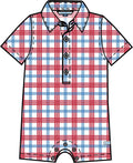 100% Cotton Red White Blue Plaid Button-Up Baby Romper