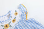 100% Cotton Blue Gingham Sunflower Smocked Bishop Dress