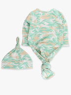 Cotton-Modal Sage Camo Knotted Sleep Gown & Hat Set Baby