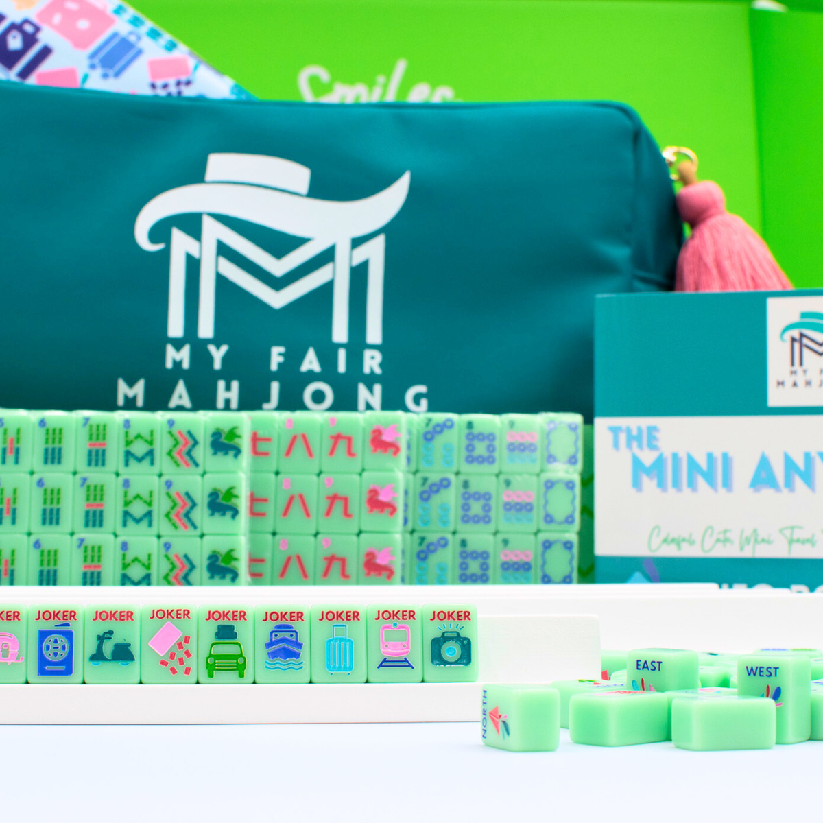 Melamine Mini Travel Mahjong Set 160 Tiles with Bag Green