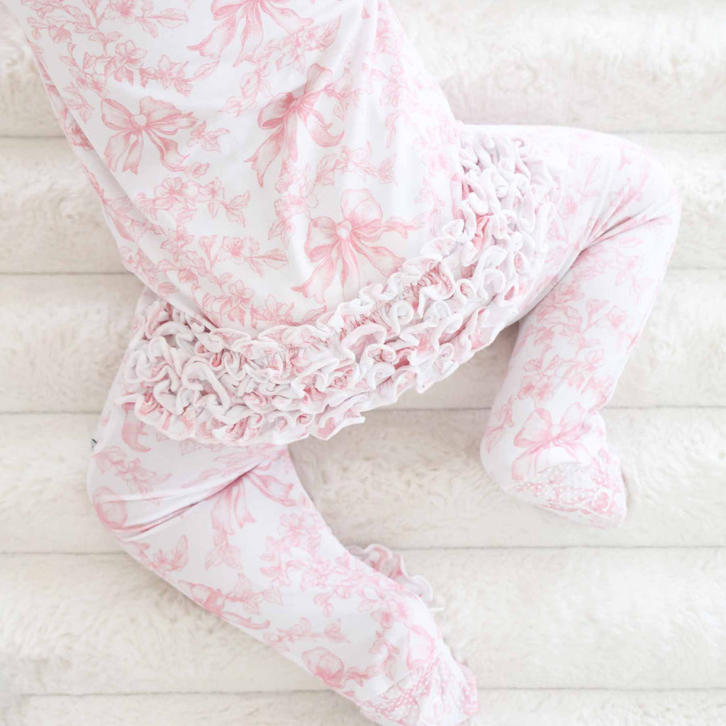 Bamboo-Spandex Pink Toile Ruffle Zipper Footie with Grips