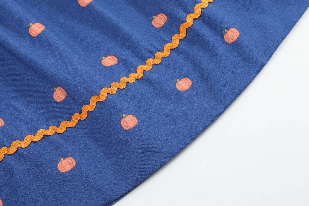 100% Cotton Blue Pumpkin Print Smocked Bishop Dress
