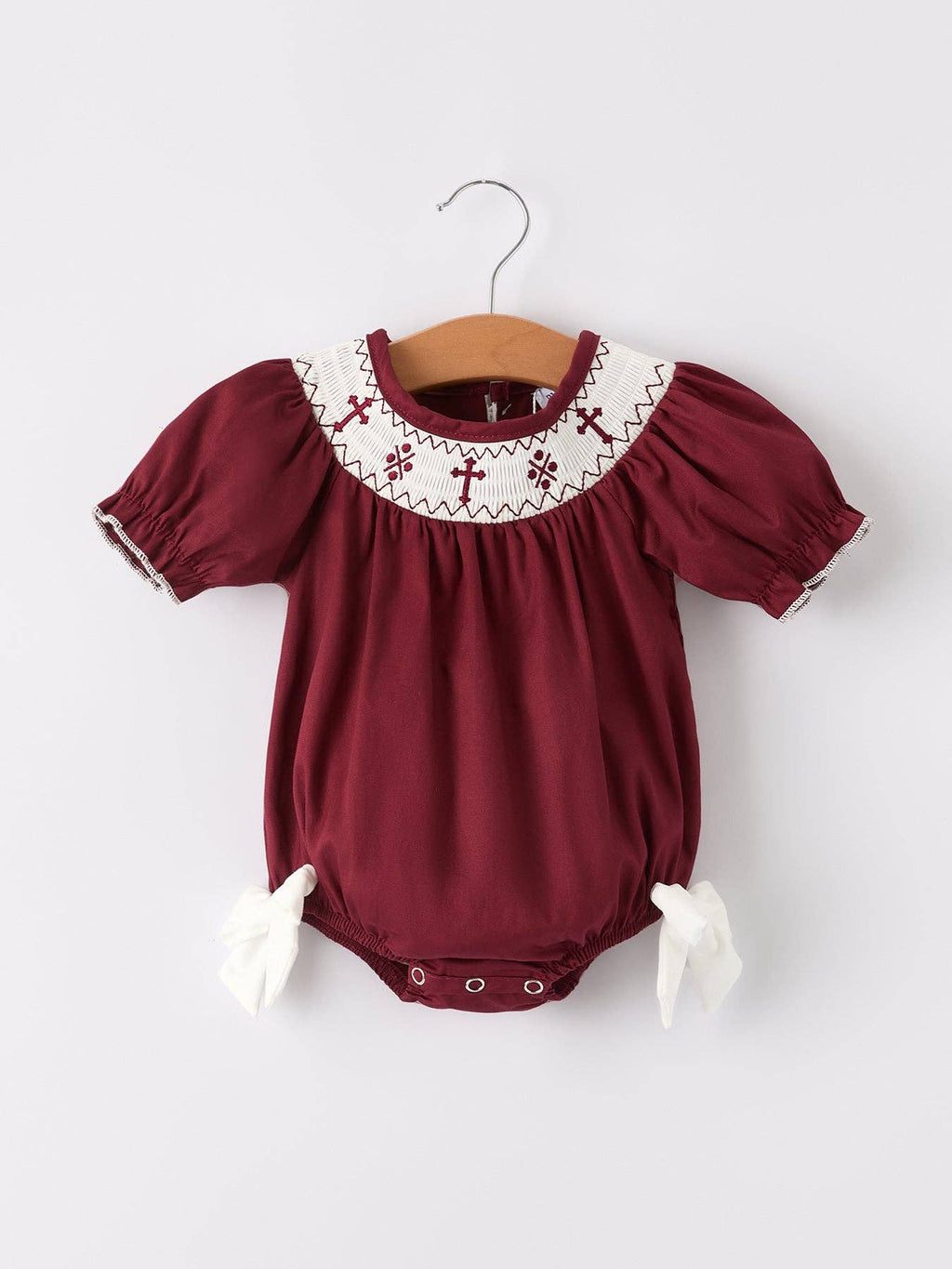 Cotton Smocked Dark Red Bishop Christening Girls Romper
