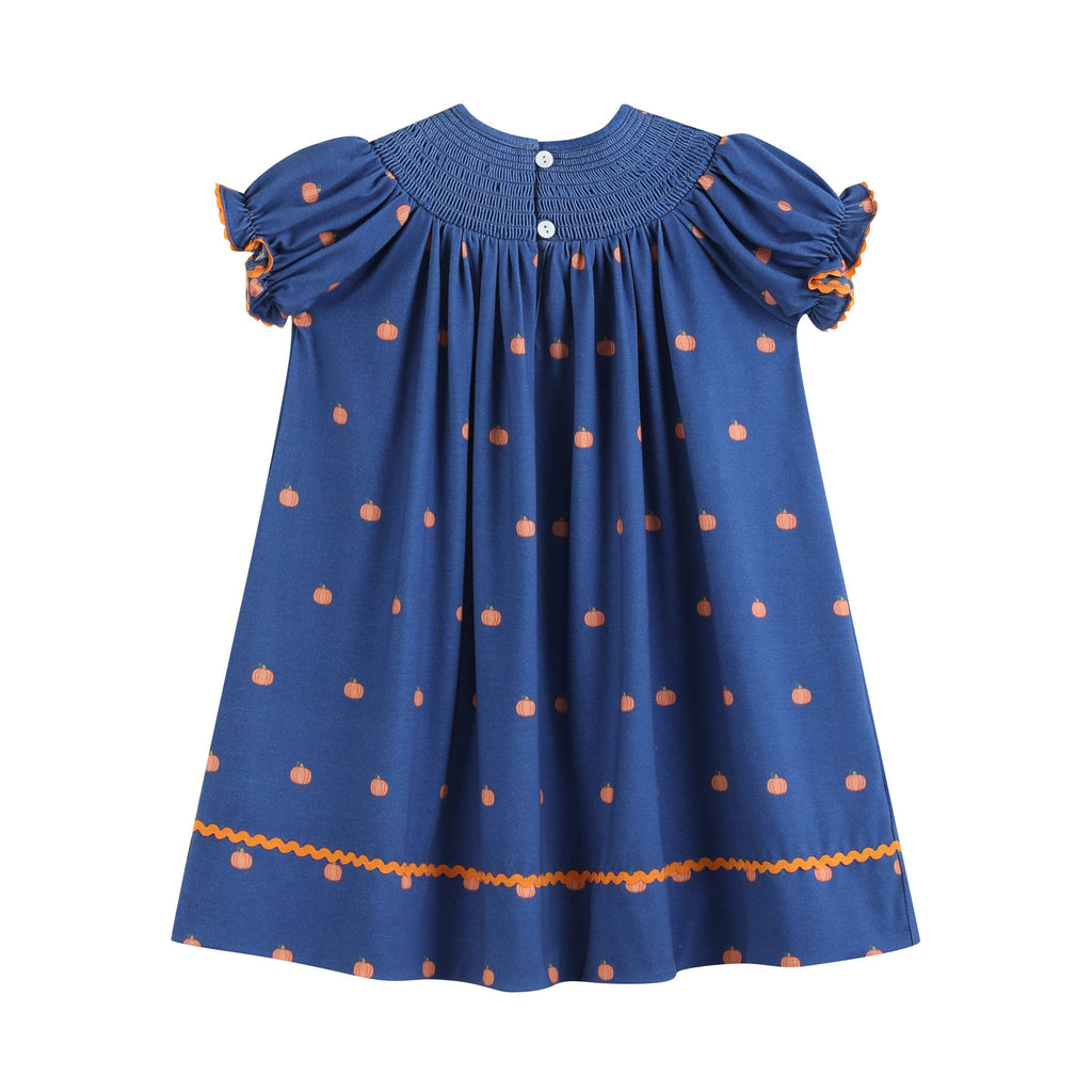 100% Cotton Blue Pumpkin Print Smocked Bishop Dress