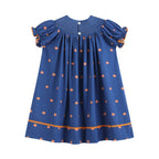 100% Cotton Blue Pumpkin Print Smocked Bishop Dress