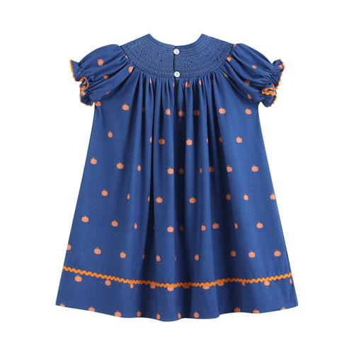 100% Cotton Blue Pumpkin Print Smocked Bishop Dress