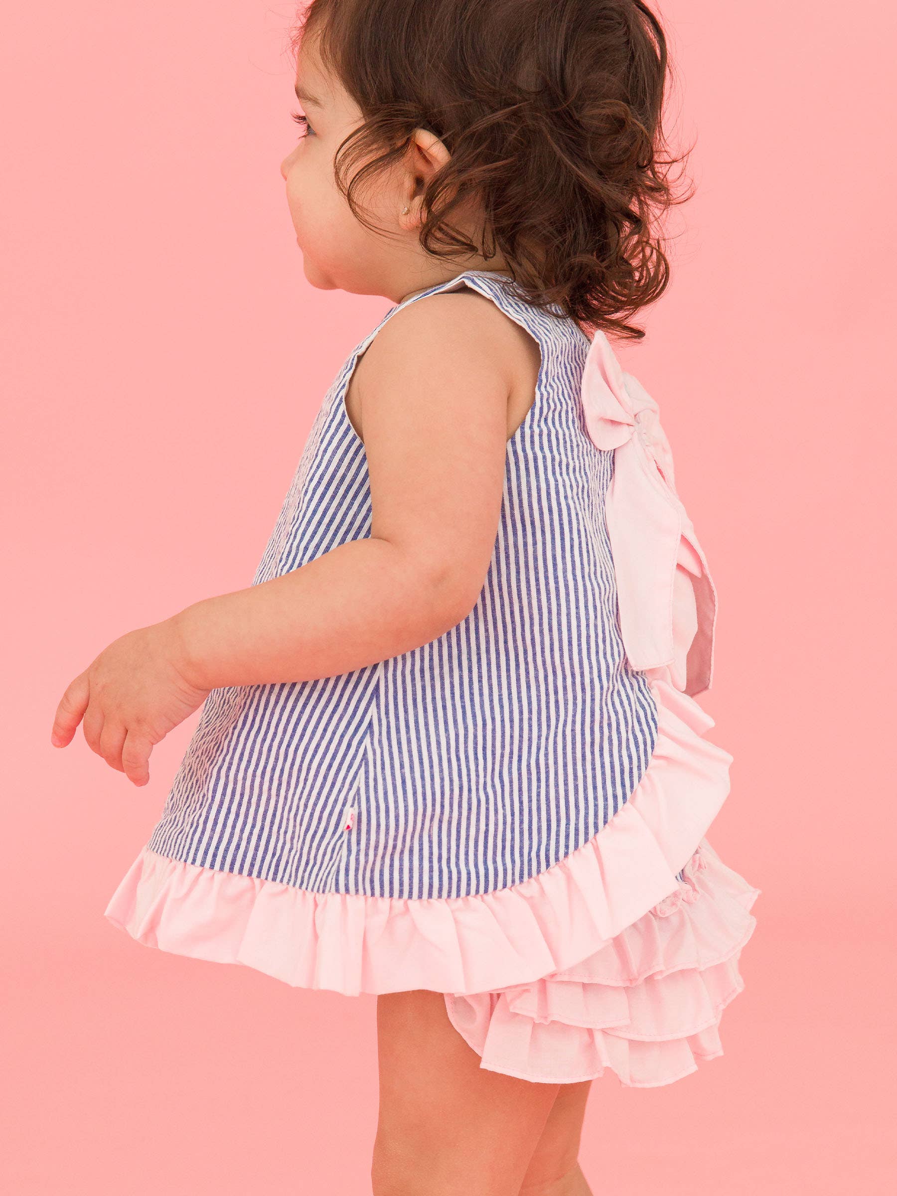 100% Cotton Blue Seersucker Ruffle Swing Top & Bloomer Set