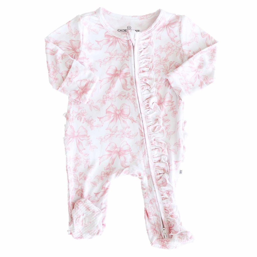 Bamboo-Spandex Pink Toile Ruffle Zipper Footie with Grips