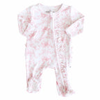 Bamboo-Spandex Pink Toile Ruffle Zipper Footie with Grips