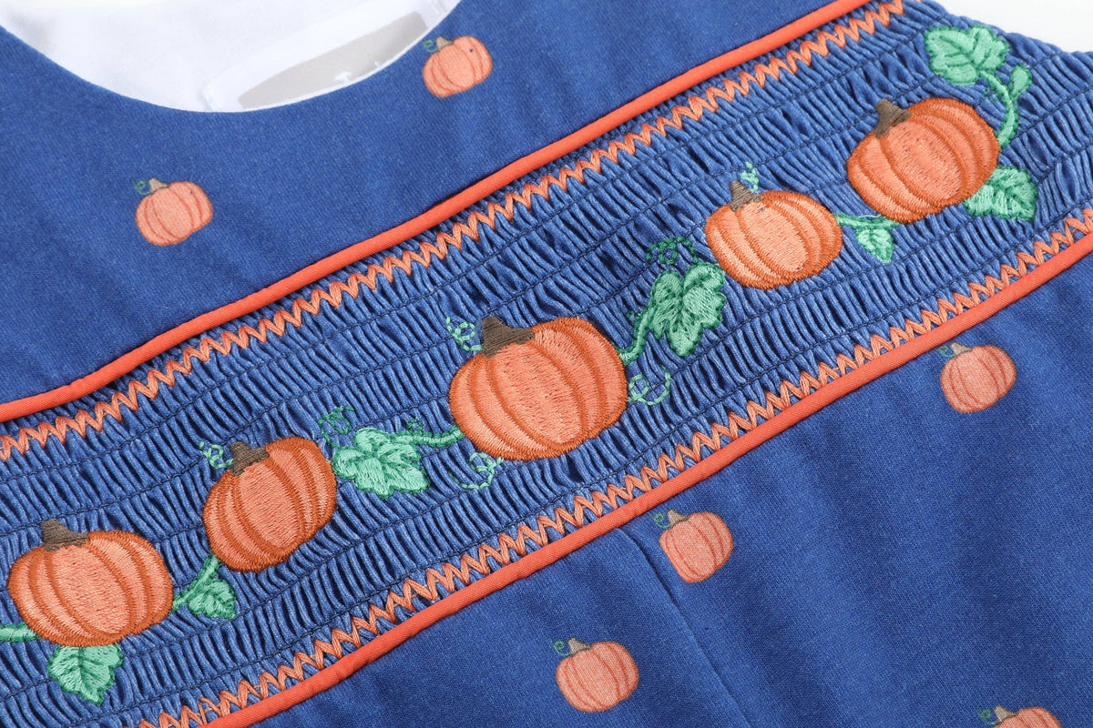 Cotton Knit Blue Pumpkin Smocked Baby Boy Overalls