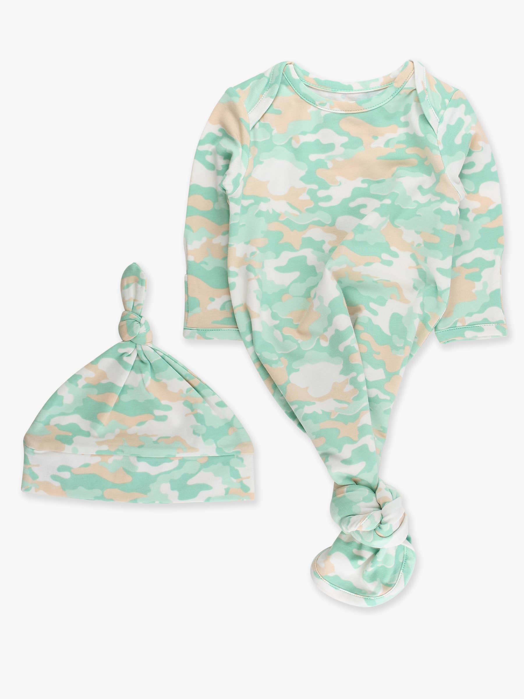 Cotton-Modal Sage Camo Knotted Sleep Gown & Hat Set Baby