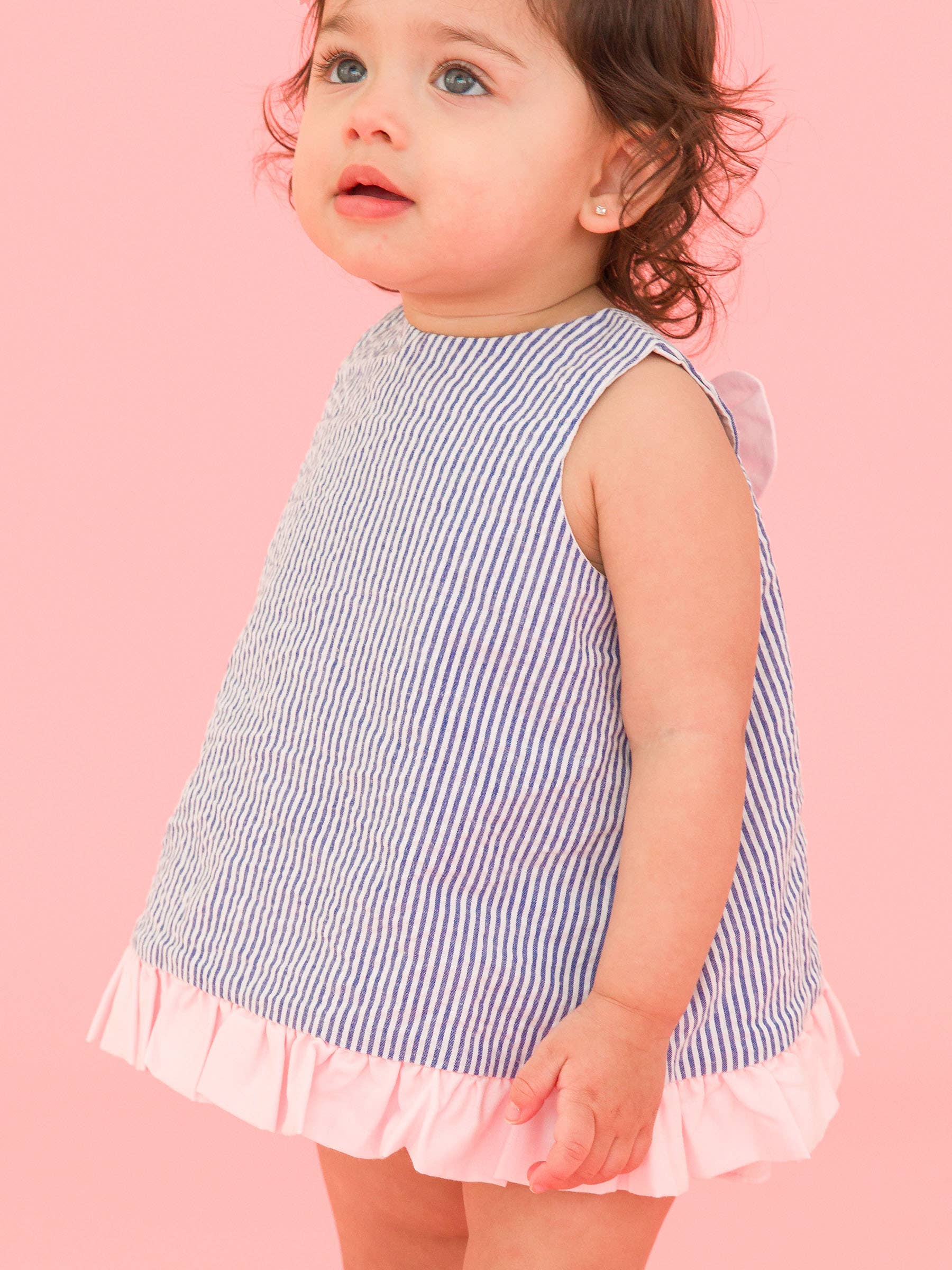 100% Cotton Blue Seersucker Ruffle Swing Top & Bloomer Set