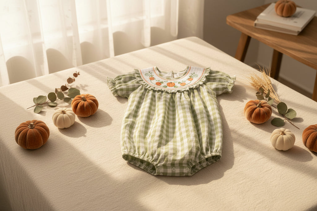 Sage Green Gingham Pumpkin Smocked Romper