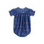 Cotton Knit Blue Pumpkin Smocked Baby Girl Romper