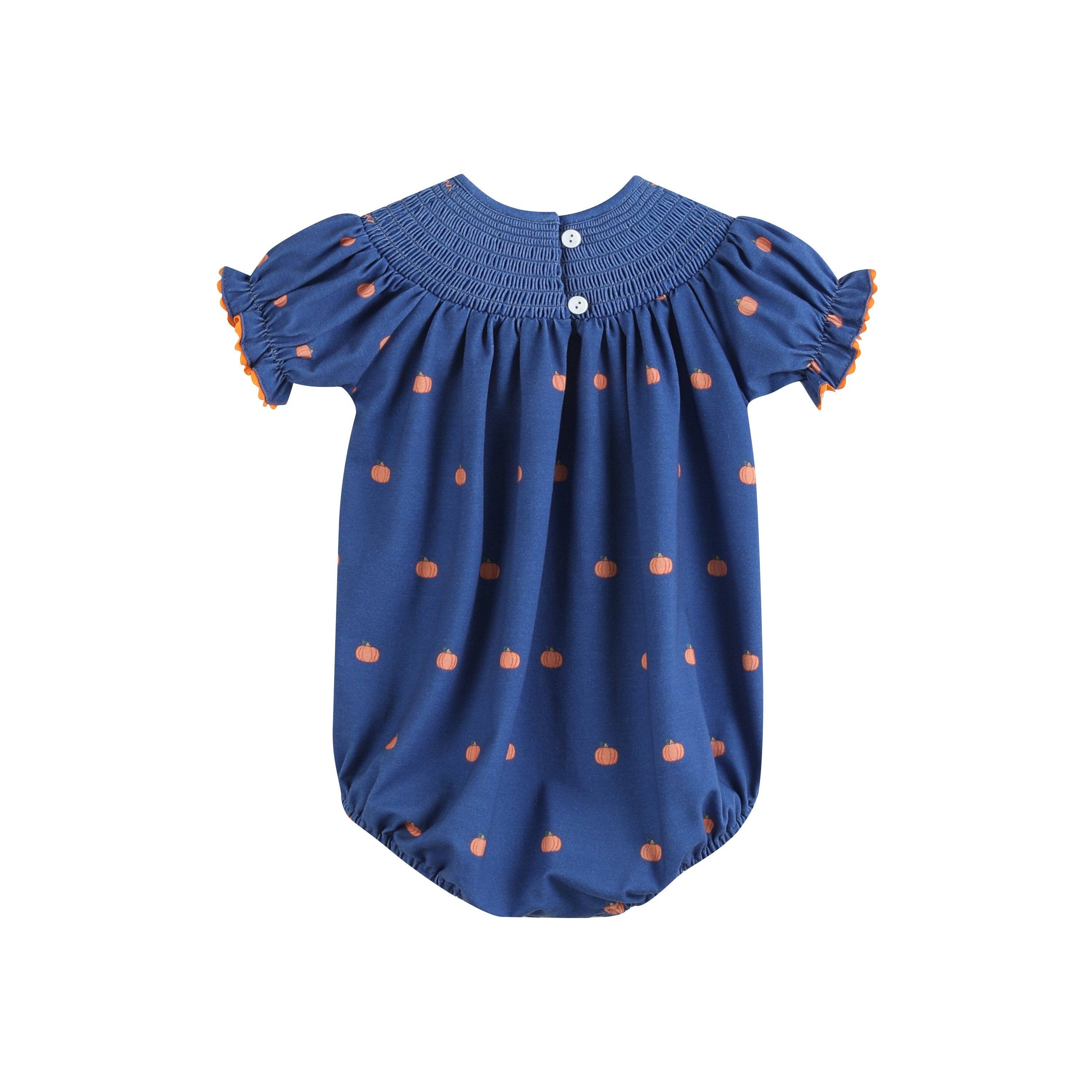 Cotton Knit Blue Pumpkin Smocked Baby Girl Romper