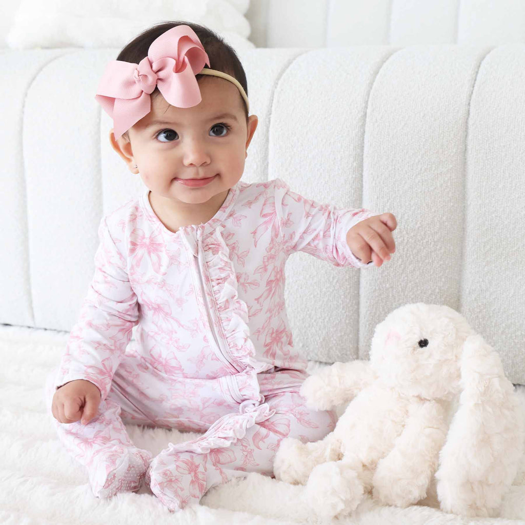 Bamboo-Spandex Pink Toile Ruffle Zipper Footie with Grips