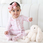 Bamboo-Spandex Pink Toile Ruffle Zipper Footie with Grips