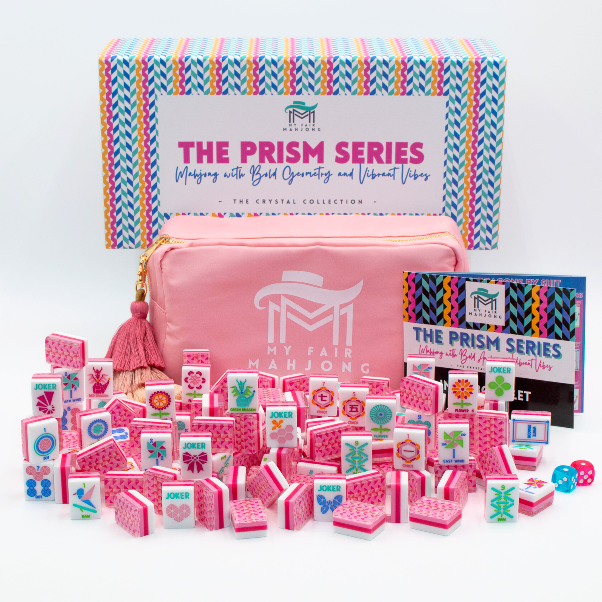 Melamine Crystal Prism Mahjong Tile Set 166 Tiles Pink 1.25"×0.9"×0.7"