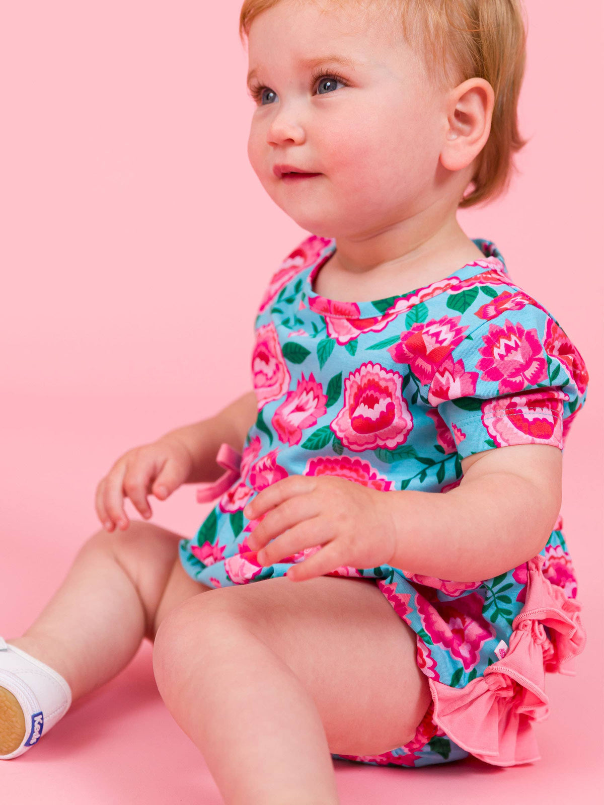 Cotton-Spandex Knit Floral Bubble Romper with Rear Ruffles