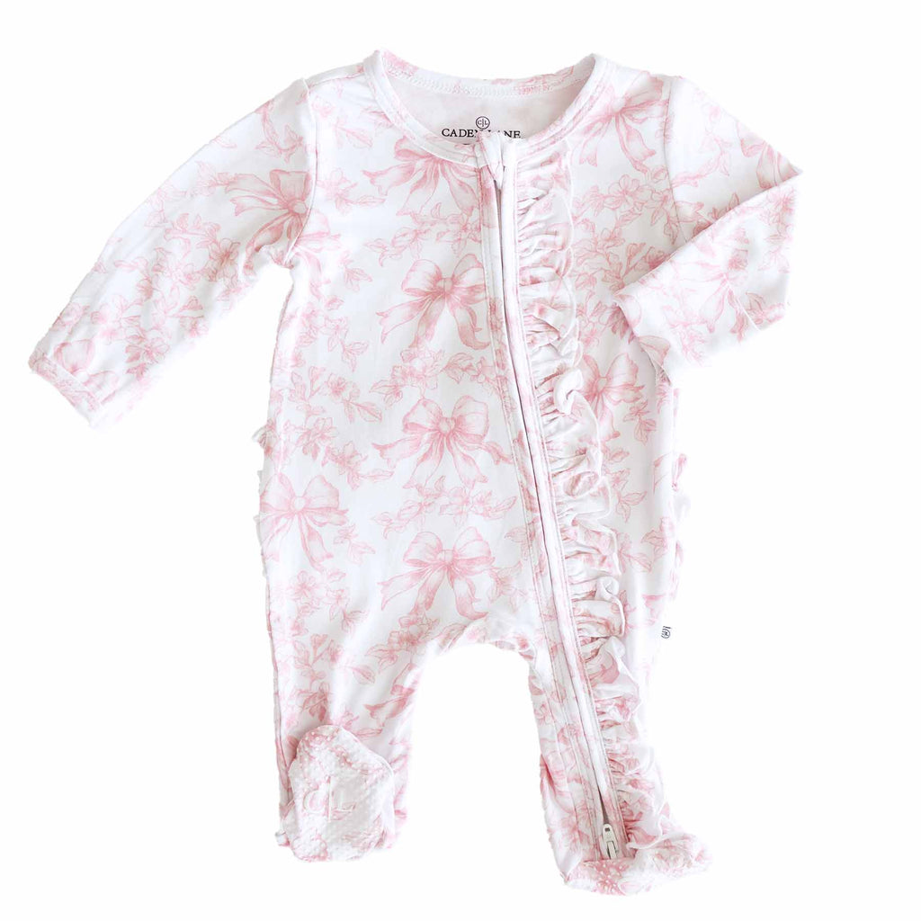 Bamboo-Spandex Pink Toile Ruffle Zipper Footie with Grips