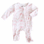 Bamboo-Spandex Pink Toile Ruffle Zipper Footie with Grips