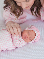 SoftSnooze™ Baby Girls Cotton Modal Pink Gingham Ruffle Knotted Sleep Gown & Bow Hat Set
