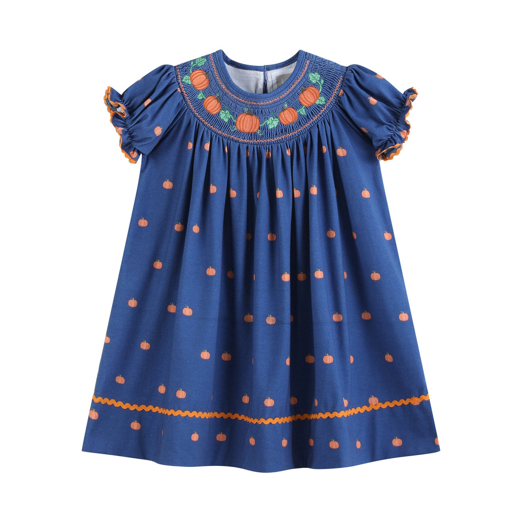 100% Cotton Blue Pumpkin Print Smocked Bishop Dress