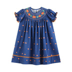 100% Cotton Blue Pumpkin Print Smocked Bishop Dress