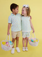 100% Cotton Gauze Blue Gingham Chick Print Button-Up Baby Romper