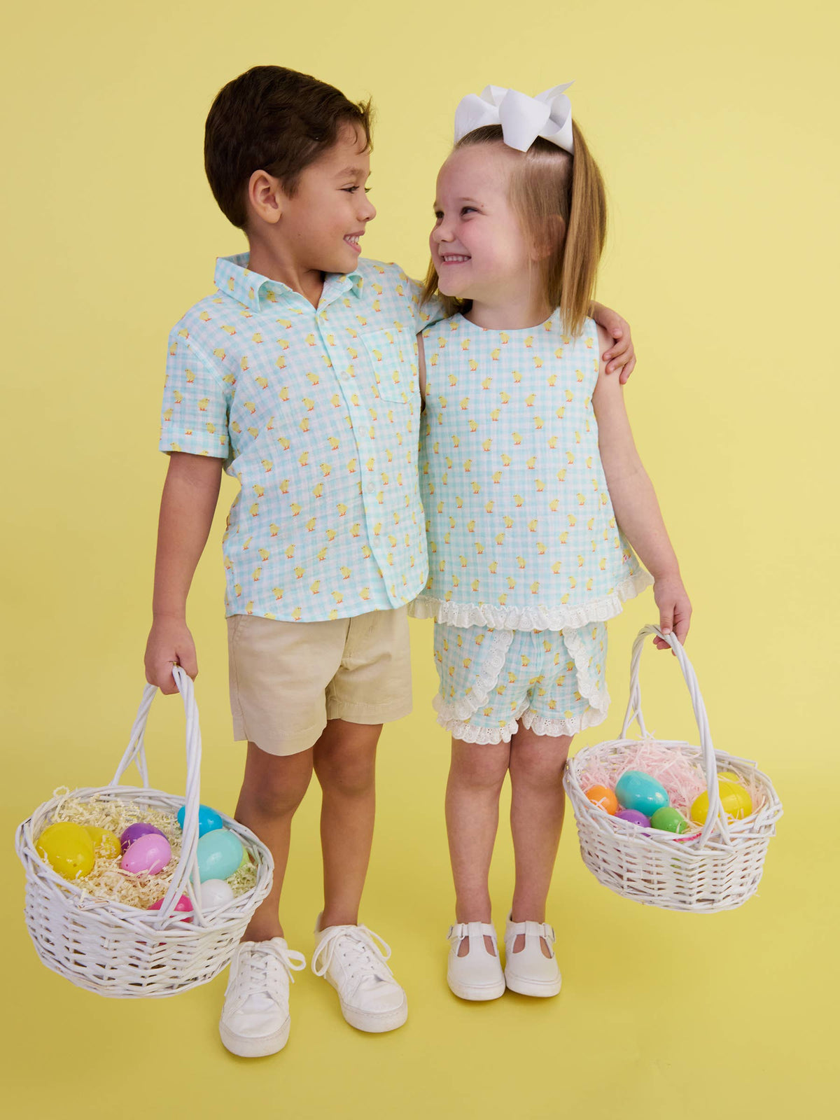 100% Cotton Gauze Blue Gingham Chick Print Button-Up Baby Romper