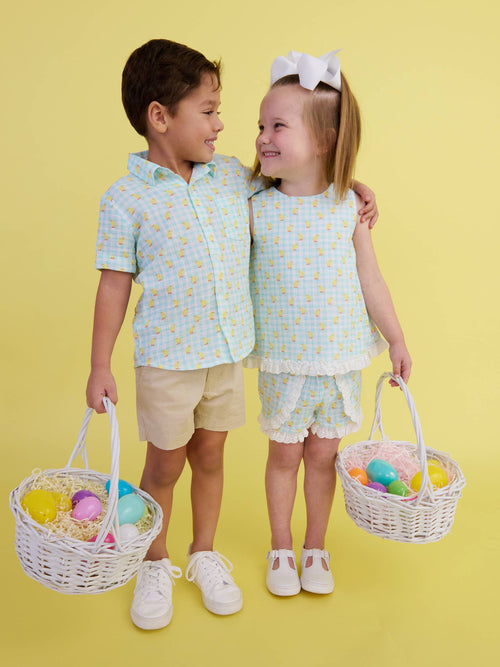 100% Cotton Gauze Blue Gingham Chick Print Button-Up Baby Romper
