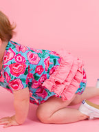 Cotton-Spandex Knit Floral Bubble Romper with Rear Ruffles