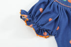 100% Cotton Blue Pumpkin Print Smocked Bishop Dress