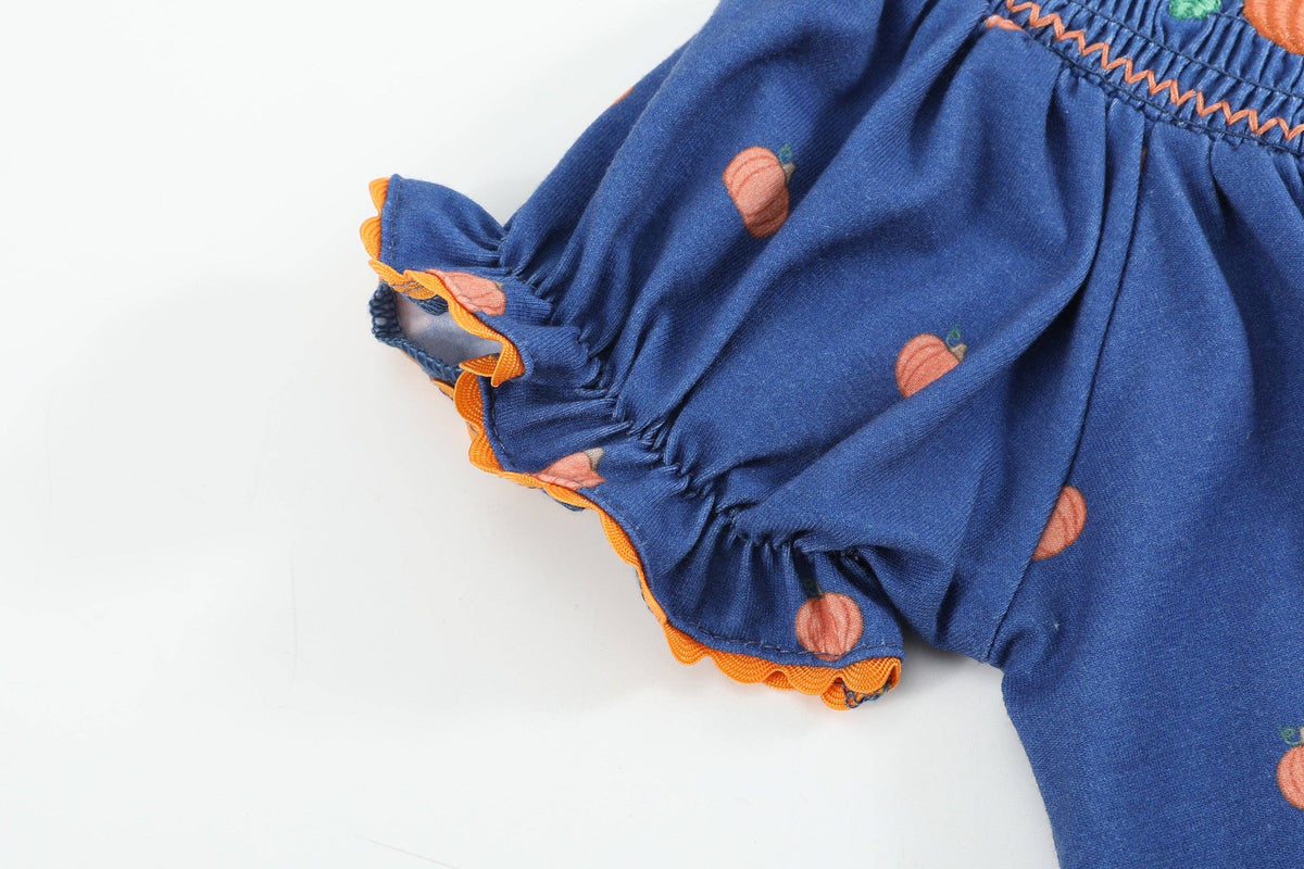 100% Cotton Blue Pumpkin Print Smocked Bishop Dress