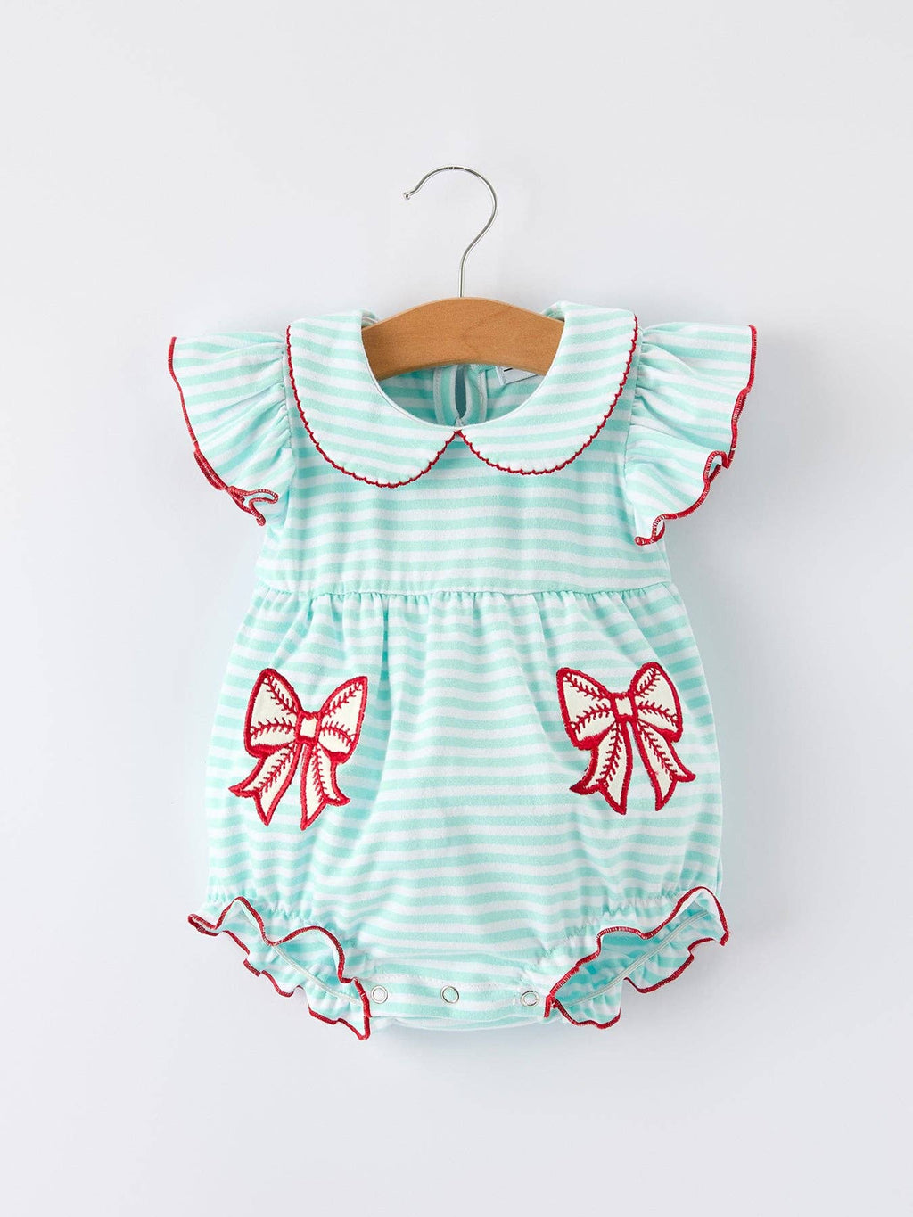 Cotton Blend Striped Baseball Bow Applique Girls Romper